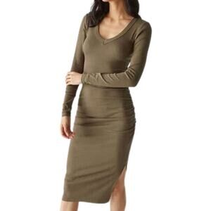 MICHAEL STARS Nova Dress Extra Rib Knit Long Sleeve Body Con Below Knee NWT XS